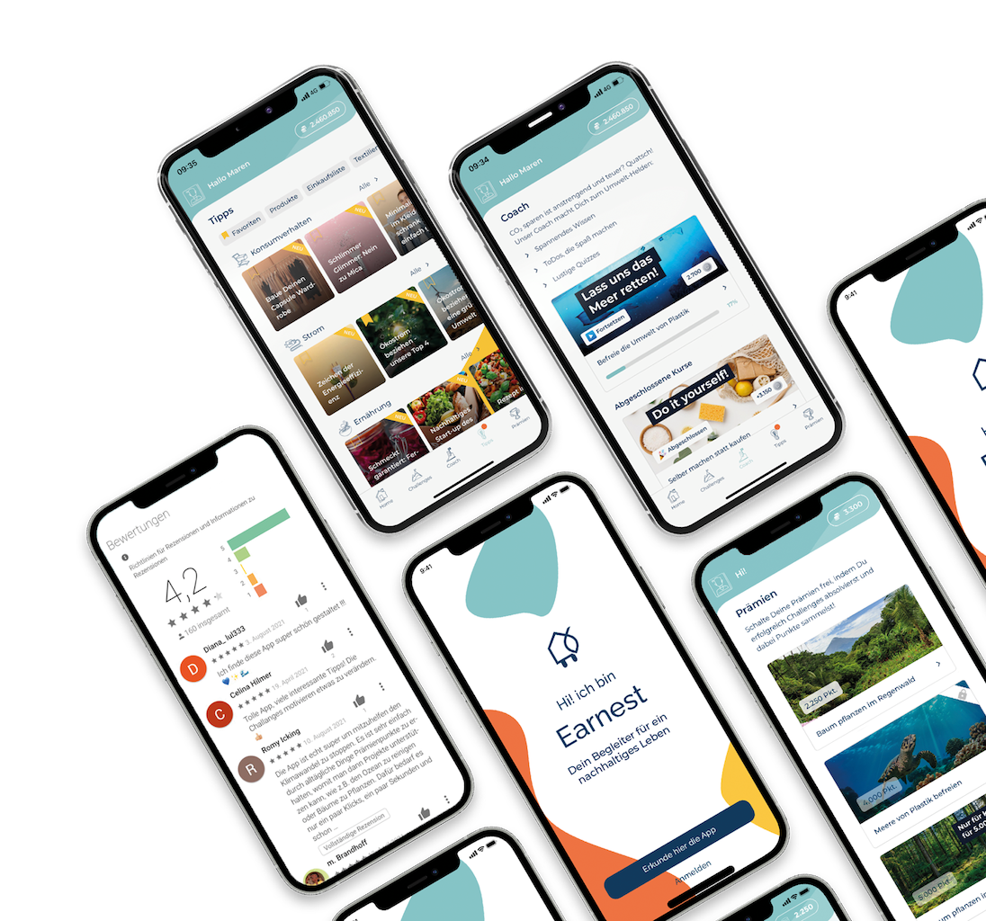 App-Screens aus der Earnest App für Nachhaltigkeit im Alltag