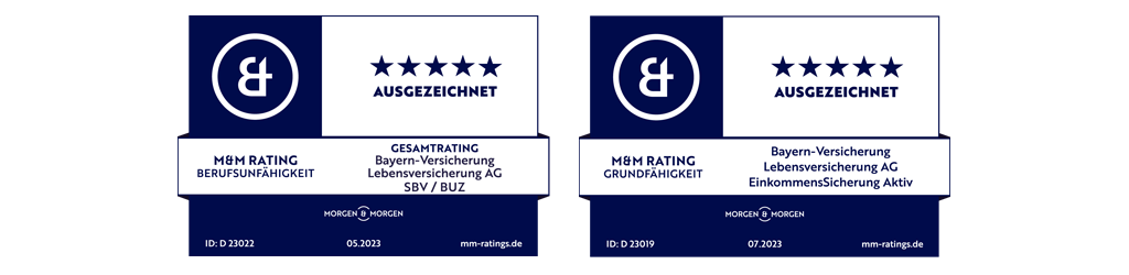 5 von 5 Sternen, ausgezeichnet: im M&M Rating Berufsunfähigkeit und M&M Rating Grundfähigkeit für Bayern-Versicherung Lebensversicherung AG SBV / BUZ und Bayern-Versicherung Lebensversicherung AG EinkommensSicherung Aktiv