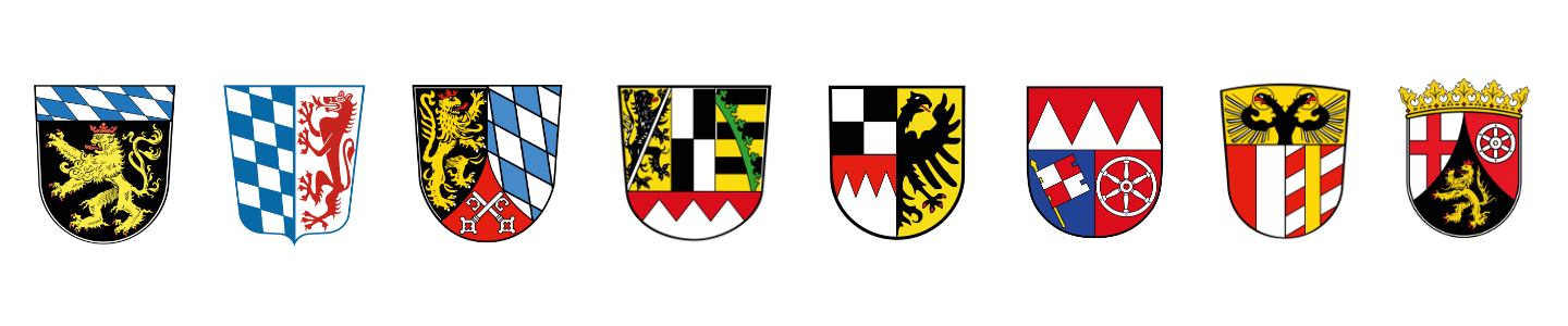Wappen Oberbayern, Niederbayern, Oberpfalz, Oberfranken, Mittelfranken, Unterfranken, Schwaben, Pfalz